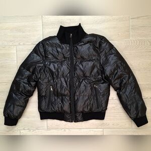 Banana Republic Women's Black Shine Quilted Cropped Puffer Jacket  Pockets Large